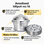 Aluminium idli maker steamer with lid and three idli plates placed on a kitchen countertop, traditional Indian idli cooking vessel set.