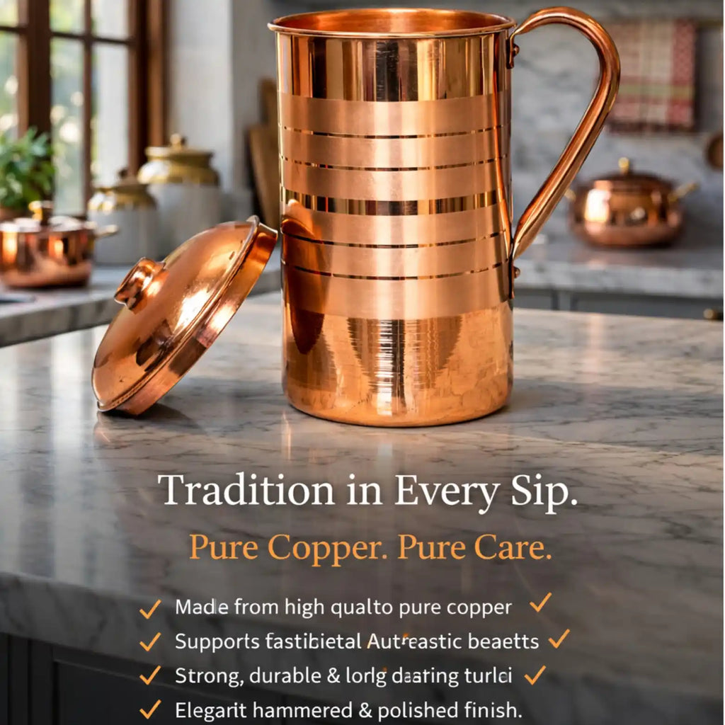 Polished copper water jug with lid and handle placed on marble kitchen countertop