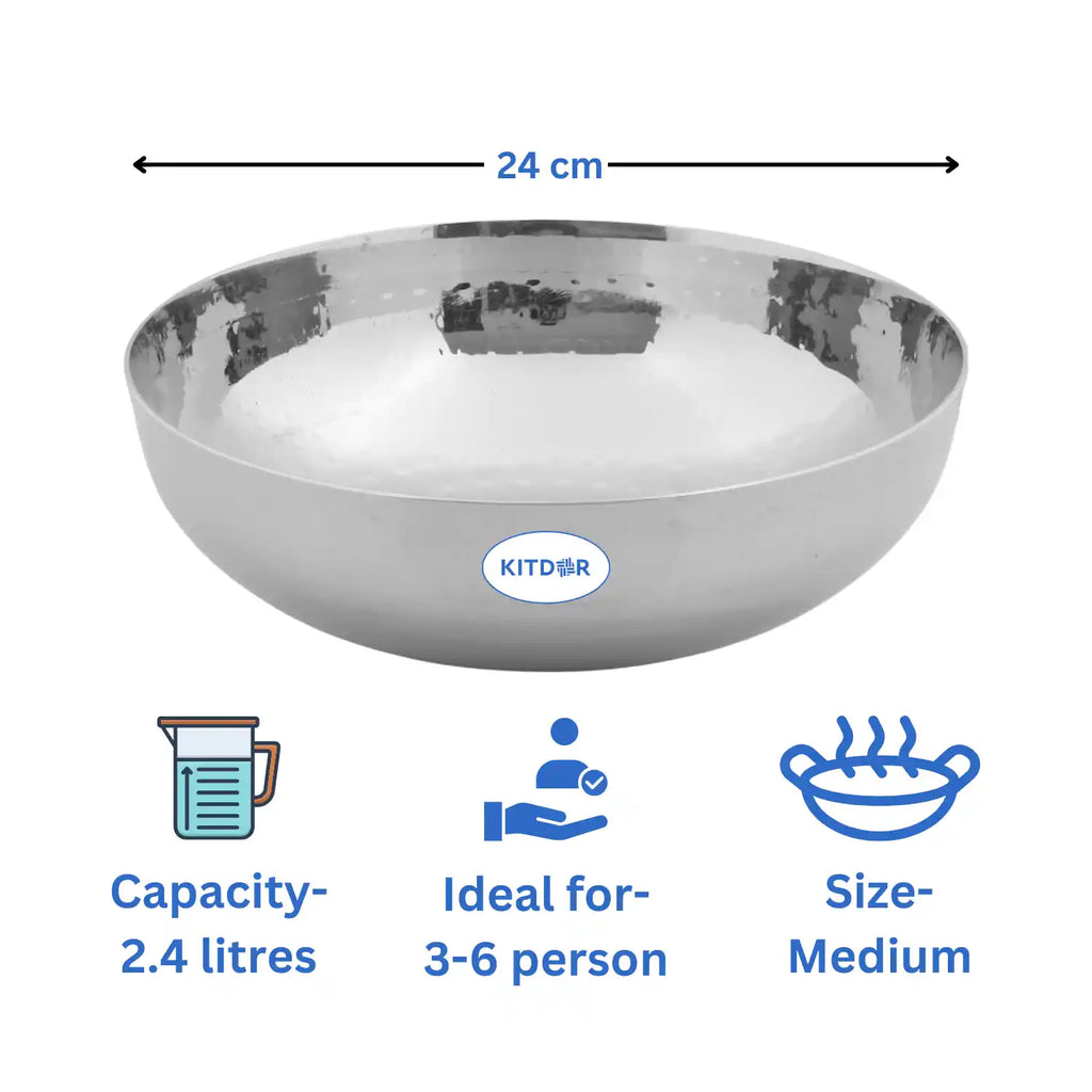 Heavy Bottom Stainless Steel Kadai (Hammered Tasla) without Handle