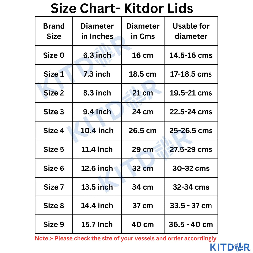 Kitdor Lids size chart