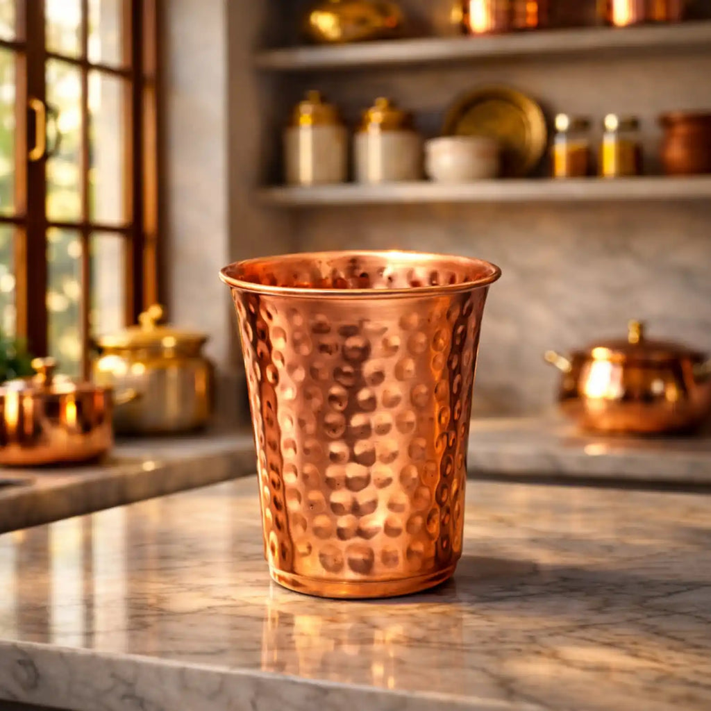 Hammered copper drinking glass placed on marble kitchen countertop