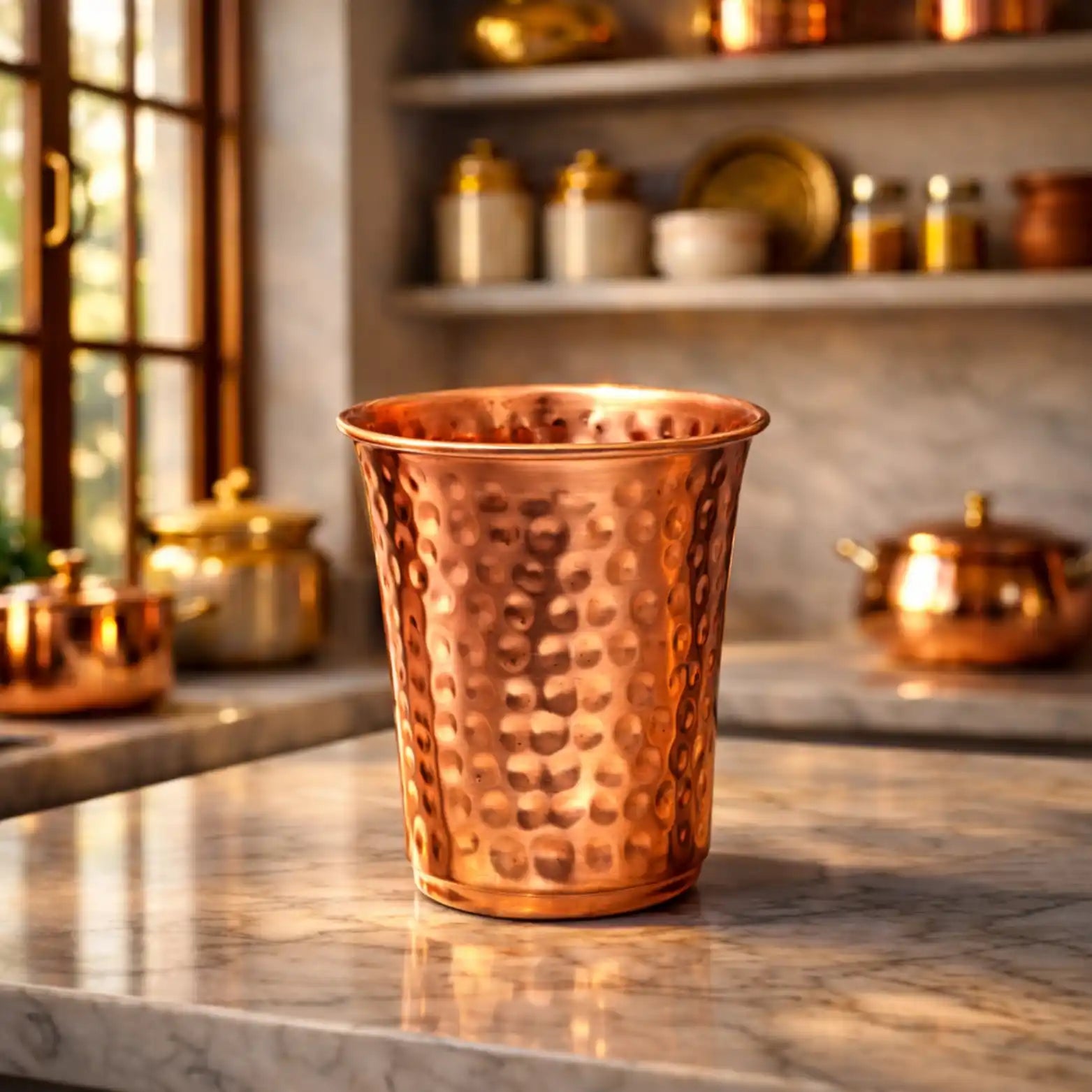 Hammered copper drinking glass placed on marble kitchen countertop