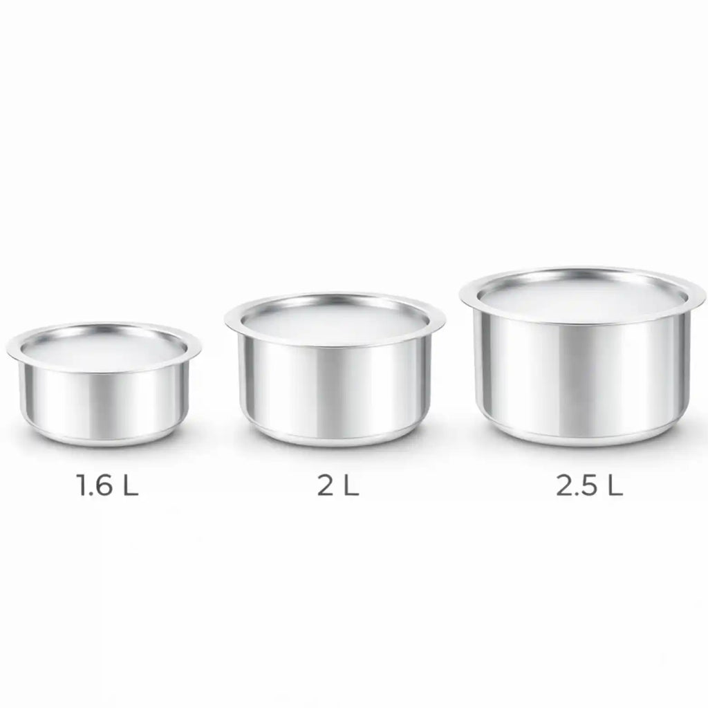 Three stainless steel tope cooking vessels set with capacities 1.6 liter, 2 liter and 2.5 liter on white background