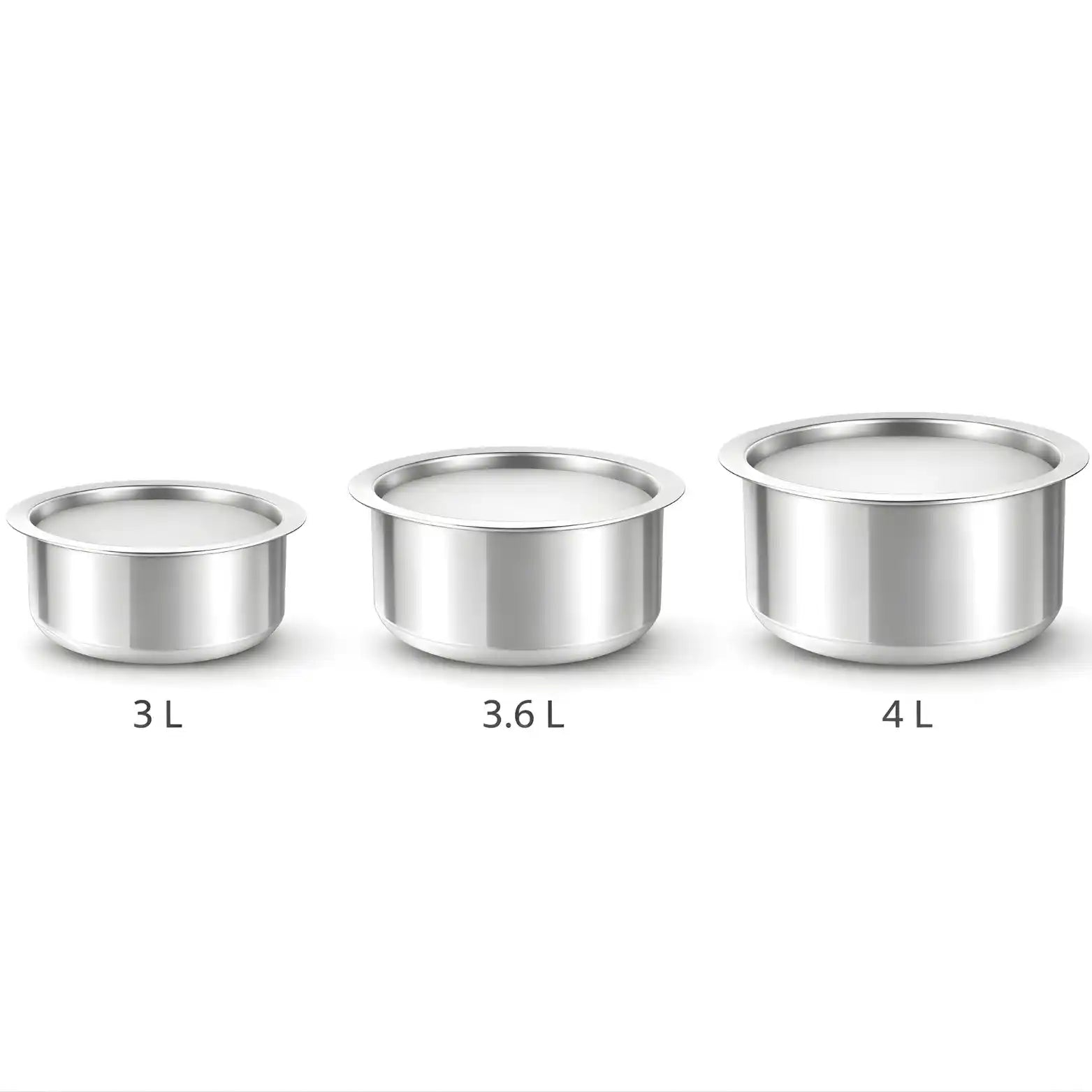 Three stainless steel tope cooking vessels set with capacities 4.5 liter, 5 liter and 6 liter on white background