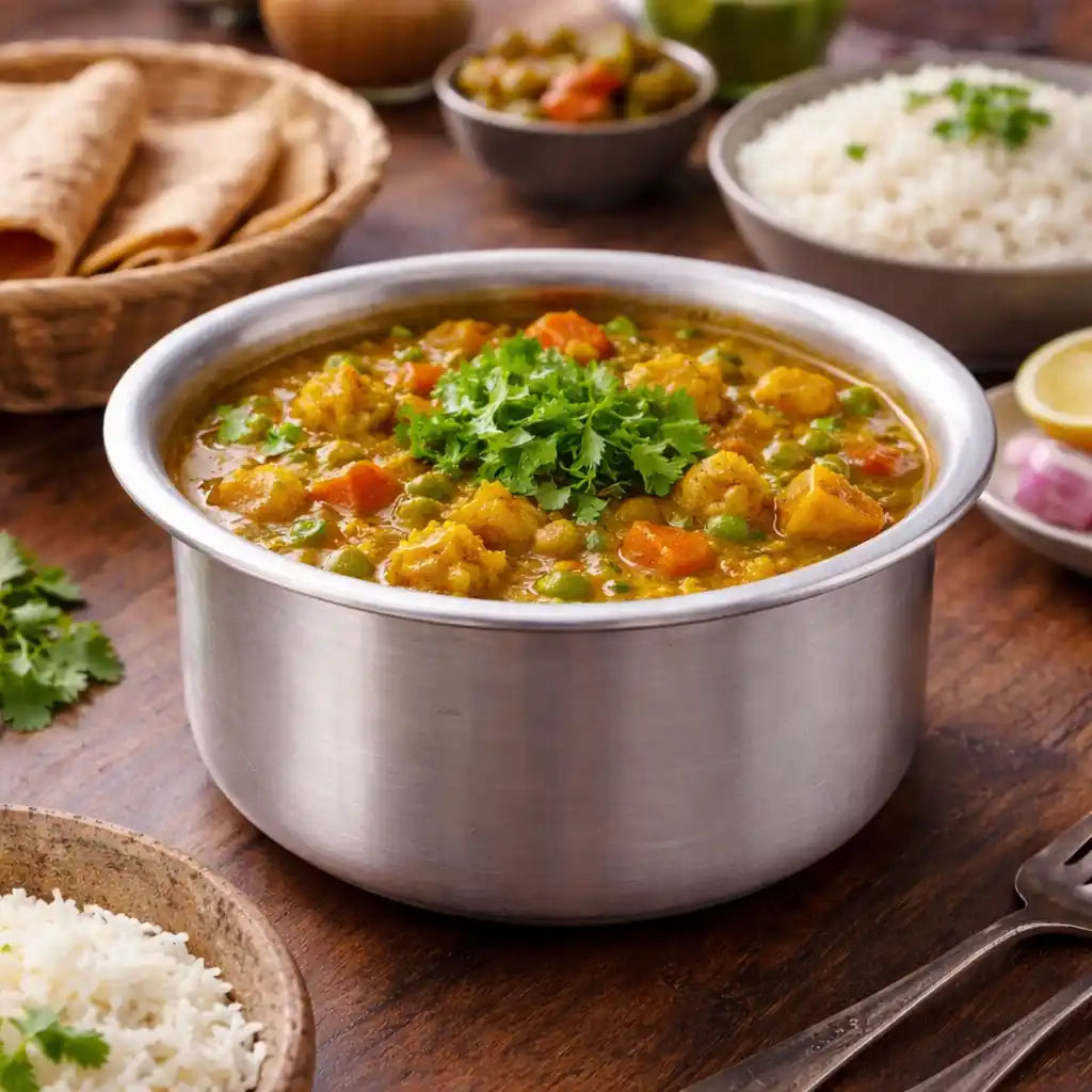 Stainless steel tope cooking vessel with lid placed on wooden kitchen counter, polished finish Indian kitchen cookware