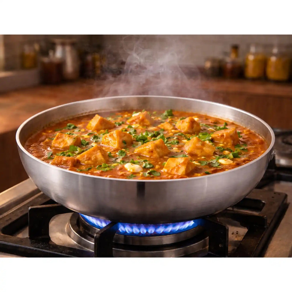 Hindalium aluminium kadai without handle placed on kitchen countertop, polished aluminium cooking vessel.