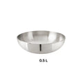 0.5 L Hindalium aluminium kadai without handle on white background, polished aluminium cooking vessel.