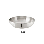0.5 L Hindalium aluminium kadai without handle on white background, polished aluminium cooking vessel.