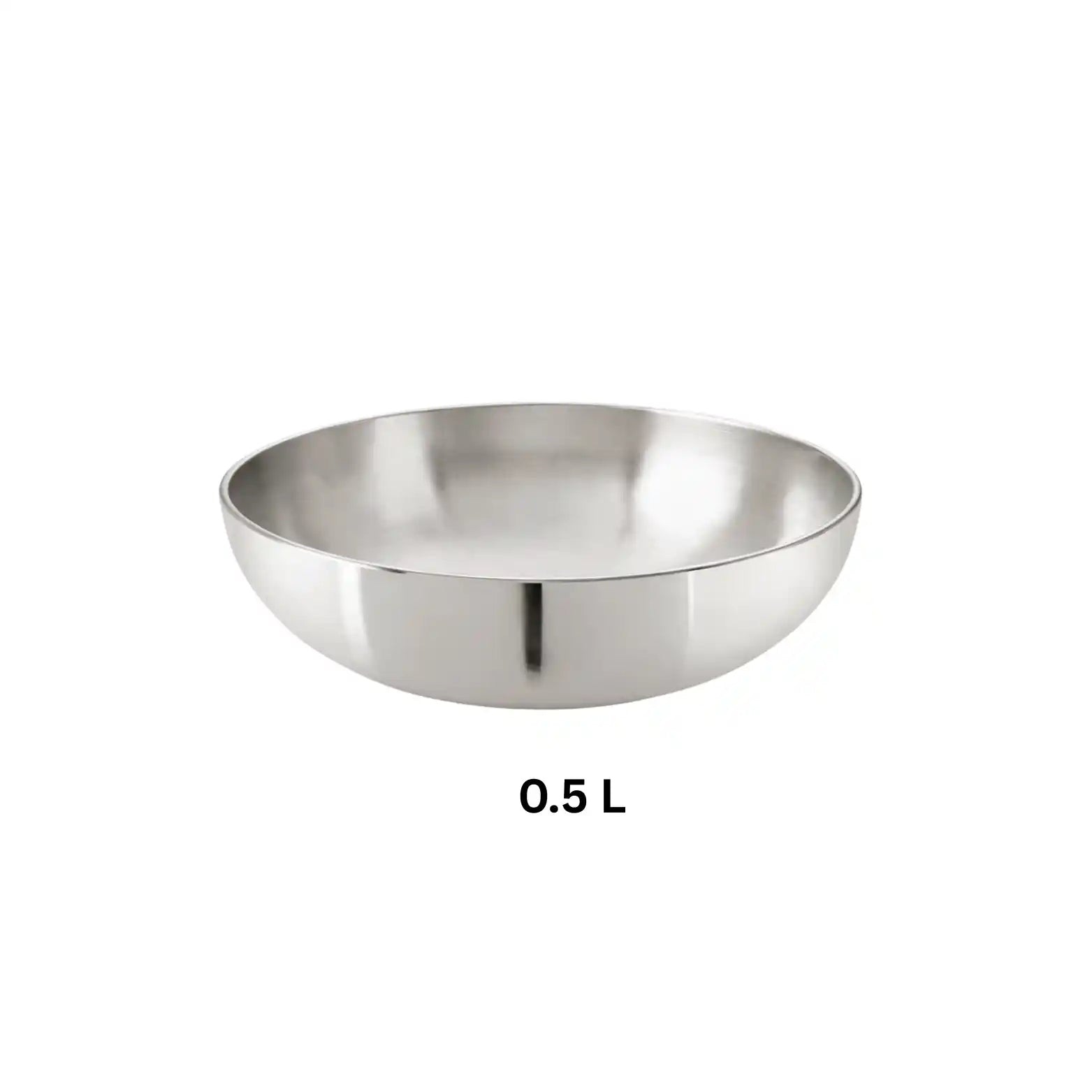 0.5 L Hindalium aluminium kadai without handle on white background, polished aluminium cooking vessel.