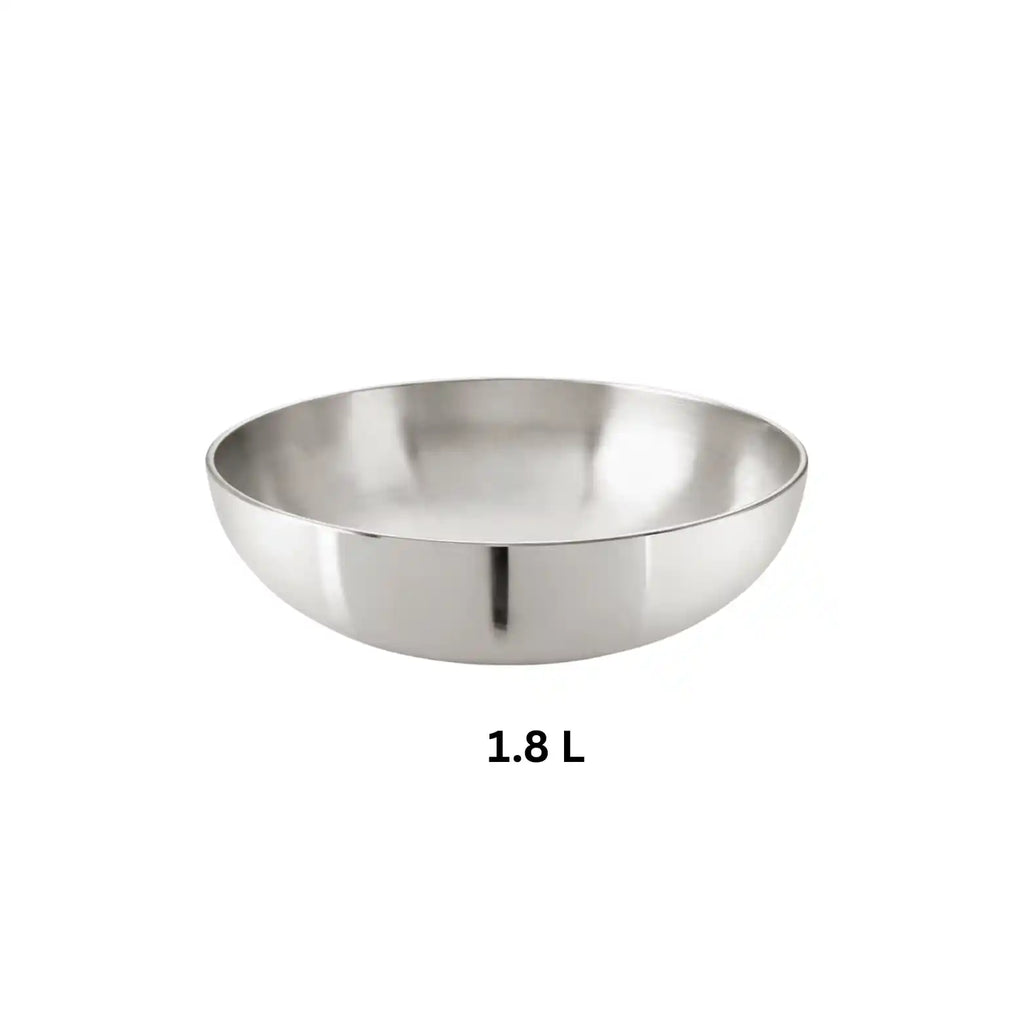 1.8 L Hindalium aluminium kadai without handle on white background, polished aluminium cooking vessel.