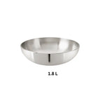 1.8 L Hindalium aluminium kadai without handle on white background, polished aluminium cooking vessel.
