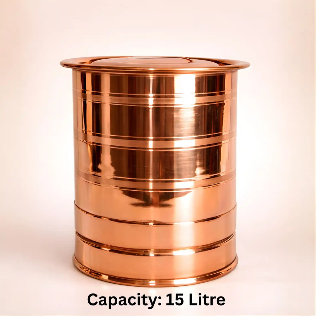 15 litre polished copper water storage container with lid isolated on light background