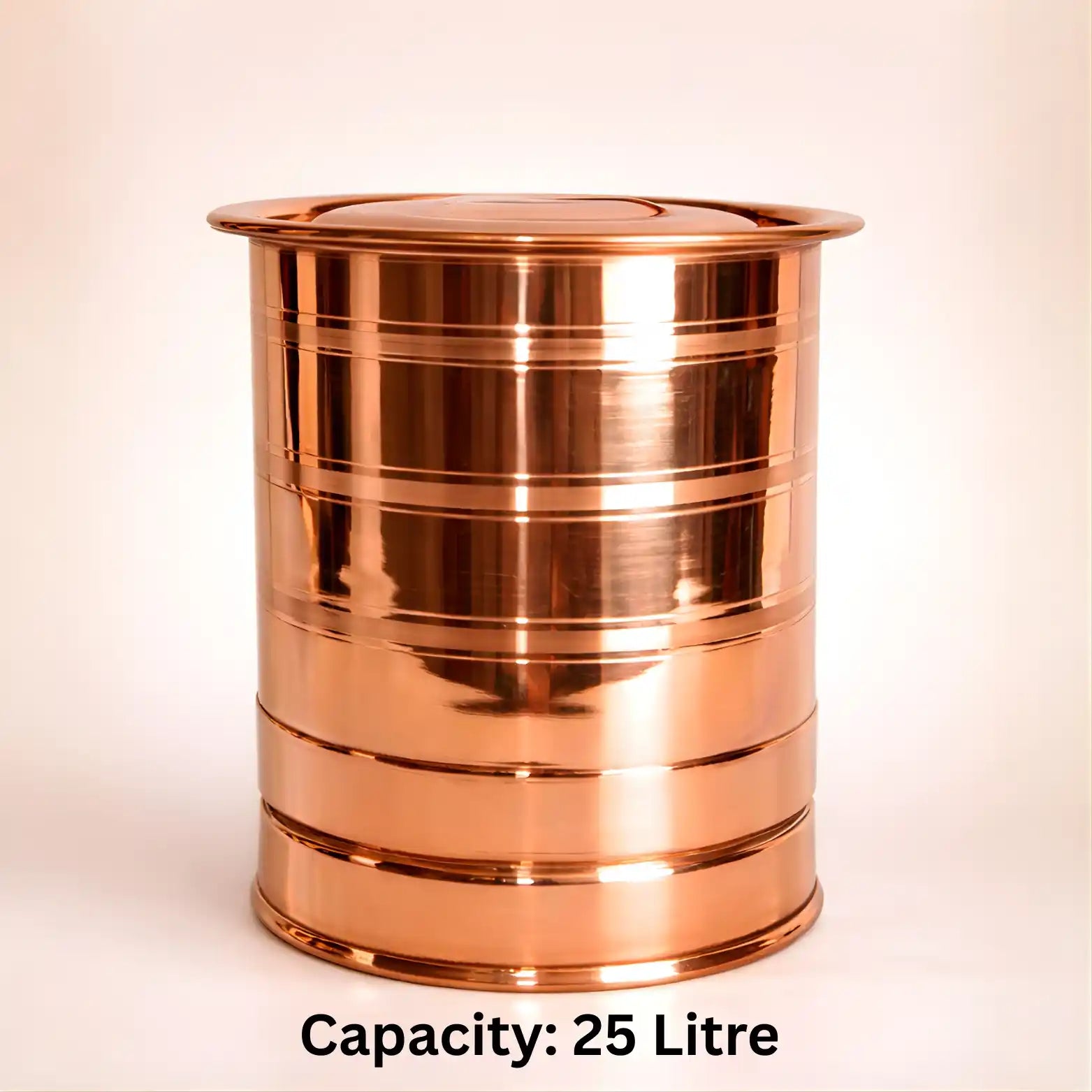 25 litre polished copper water storage container with lid isolated on light background