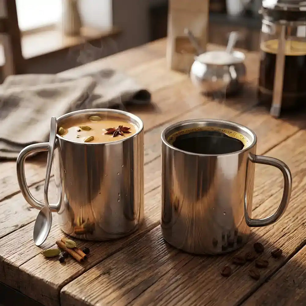 Two metal mugs on a wooden table with one containing a hot beverage and the other empty.
