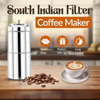 South Indian Filter Coffee Maker with coffee beans and a cup of coffee on a wooden surface.