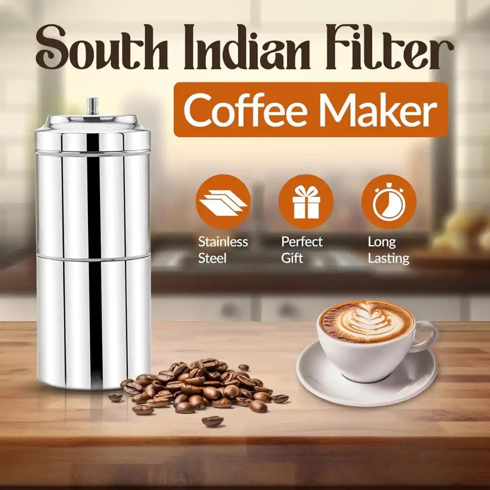 South Indian Filter Coffee Maker with coffee beans and a cup of coffee on a wooden surface.