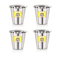 Four stainless steel cups with Rakesh Gold label on a white background