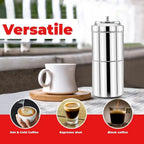 Silver coffee press and white mug on a table with 'Versatile' branding and coffee preparation methods shown.