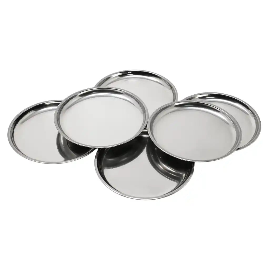 Set of five metallic trays on a white background