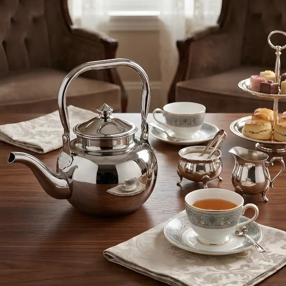 Tea set with silver teapot, cups, and pastries on a wooden table.