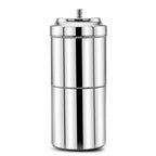 Silver cylindrical container with a lid on a white background