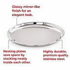 Silver tray with text highlighting features on a white background