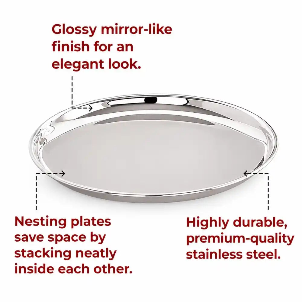 Silver tray with text highlighting features on a white background