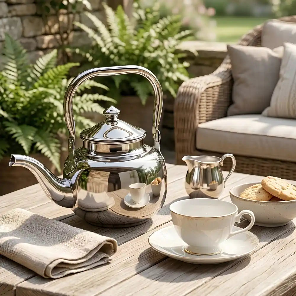 Tea set on a wooden table outdoors with a teapot, cup, and cookies.