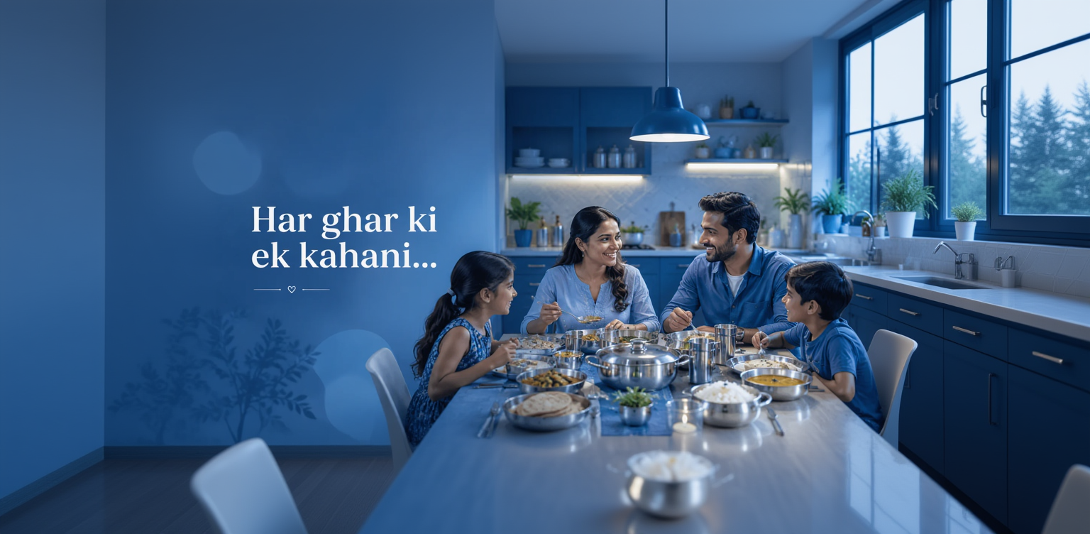 A family of four is sitting around a dining table in a modern kitchen, with the text 'Har ghar ki ek kahani' on a blue background.